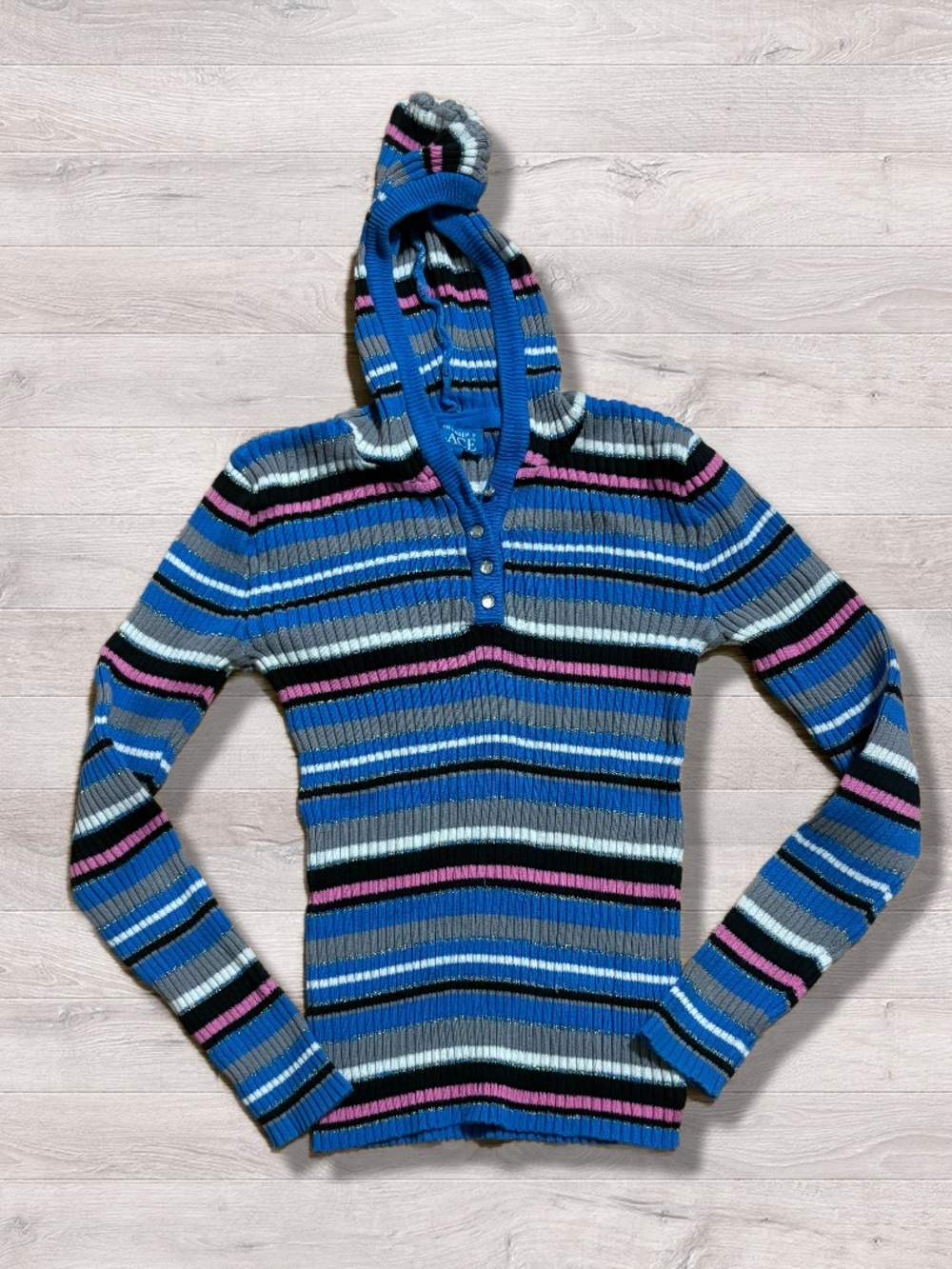 Y2K 2000s Children’s Place Striped Blue Slim Fit Hooded Sweater Girls 14
